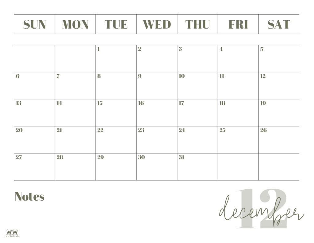 Printable December Calendar-Style 2