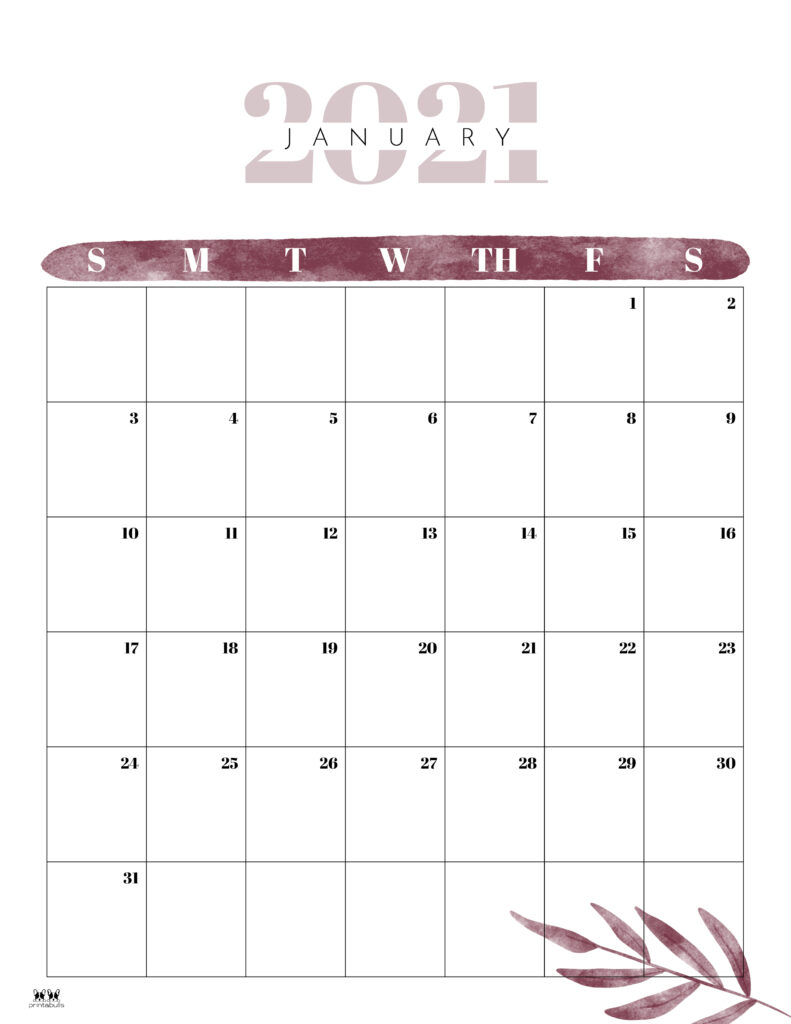 Printable January 2021 Calendar-Style 12