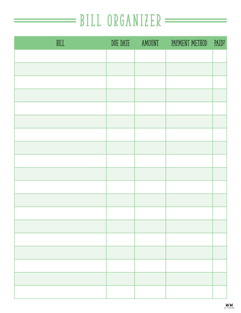 Printable Monthly Bill Organizer-Page 1