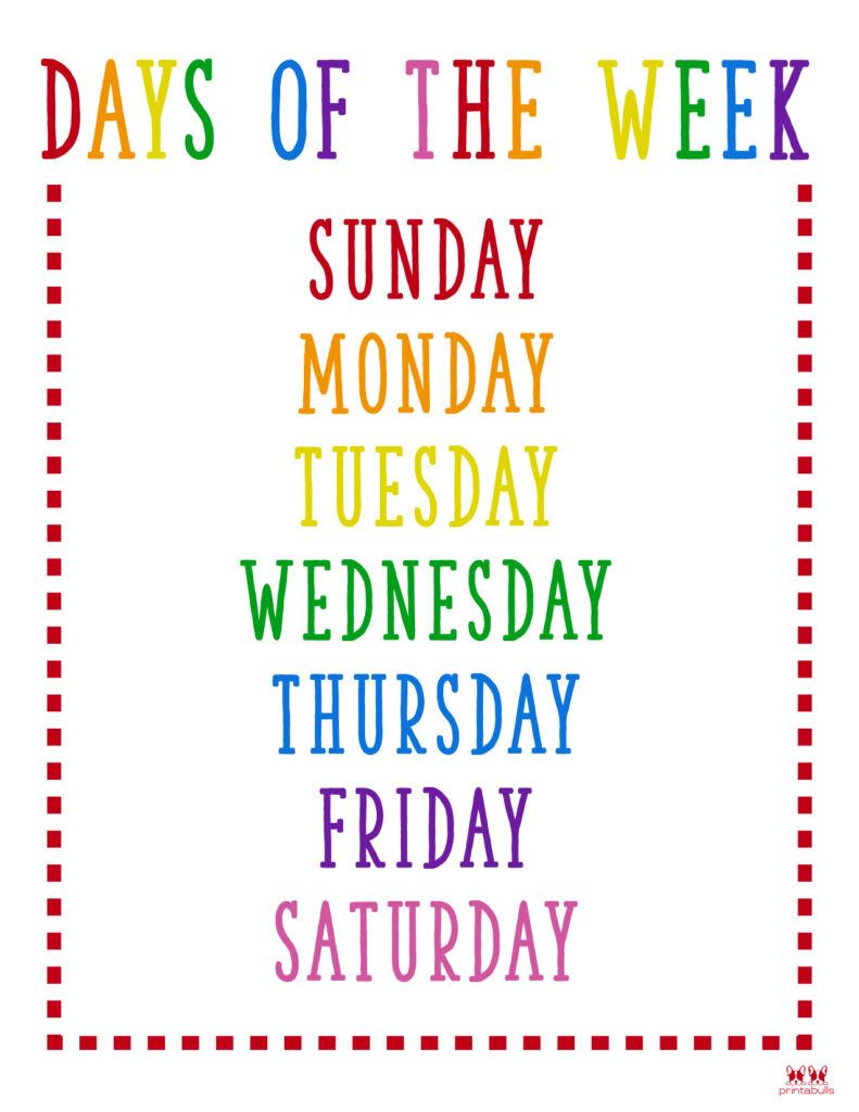 days of the week printables for preschoolers