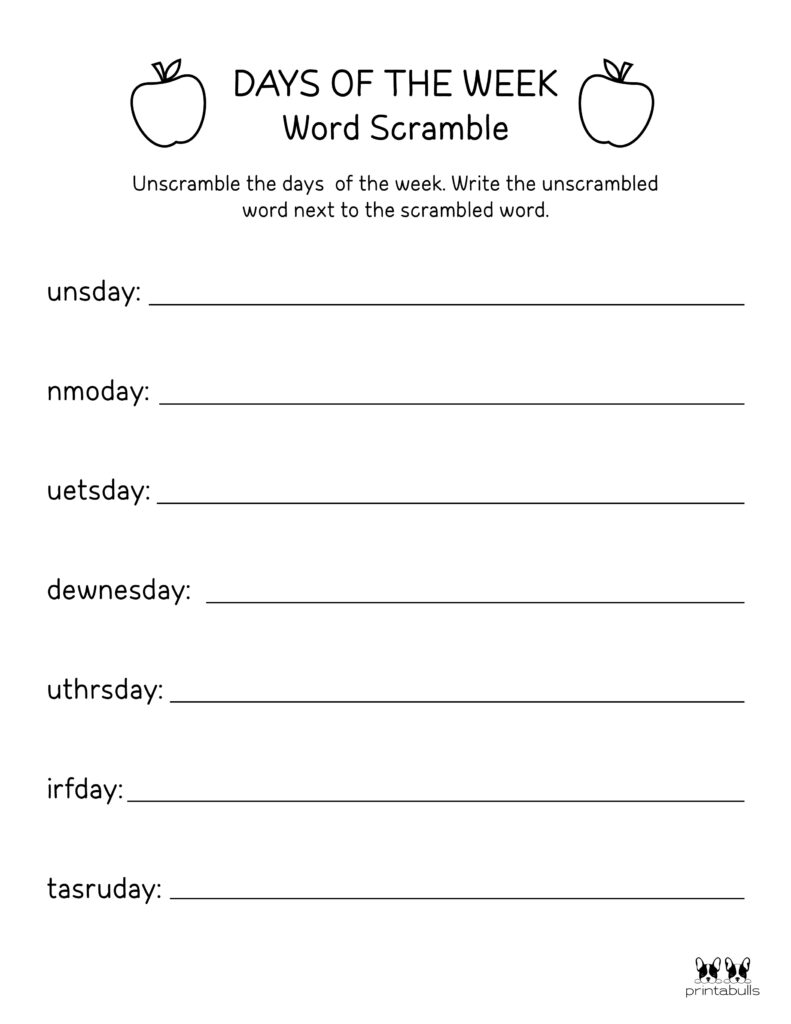 Free Printable Kindergarten Days Of The Week Worksheets