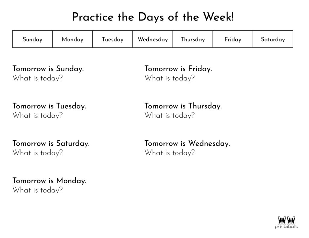 Days of the Week Yesterday and Tomorrow Worksheet / Worksheet