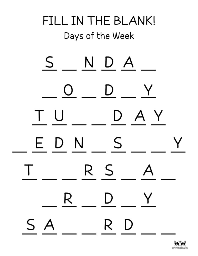 days of the week printables for preschoolers