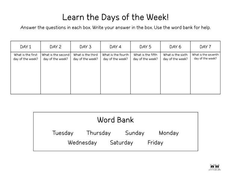 Days of the Week Worksheets & Printables - 50 Free Pages | Printabulls