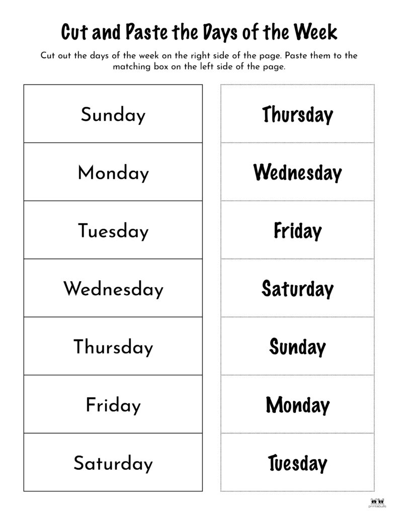 days of the week printables for preschoolers