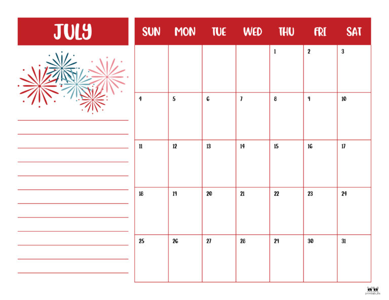 July 2021 Calendars - 15 Free Printables | Printabulls