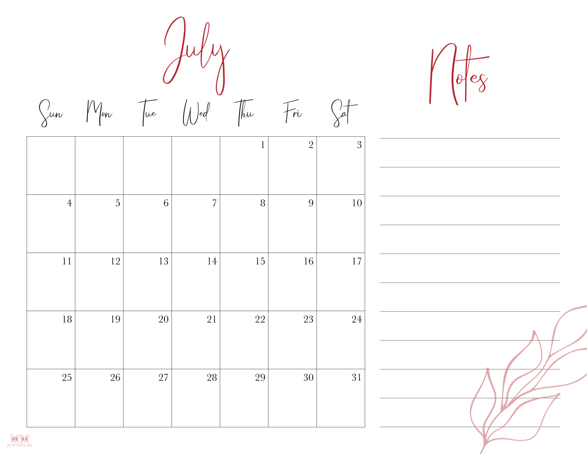 July 2021 Calendars - 15 Free Printables | Printabulls