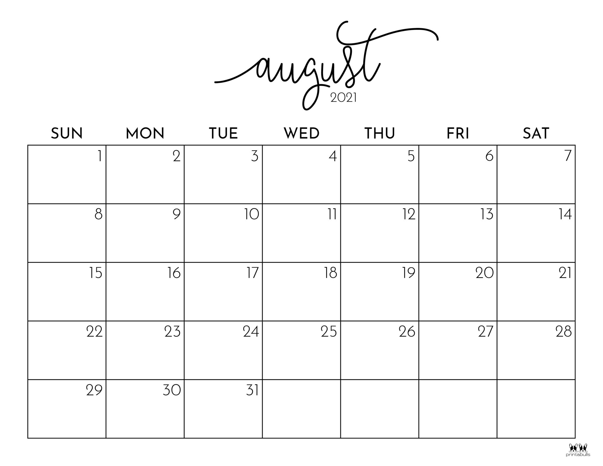 August 2021 Calendars - 15 Free Printables | Printabulls