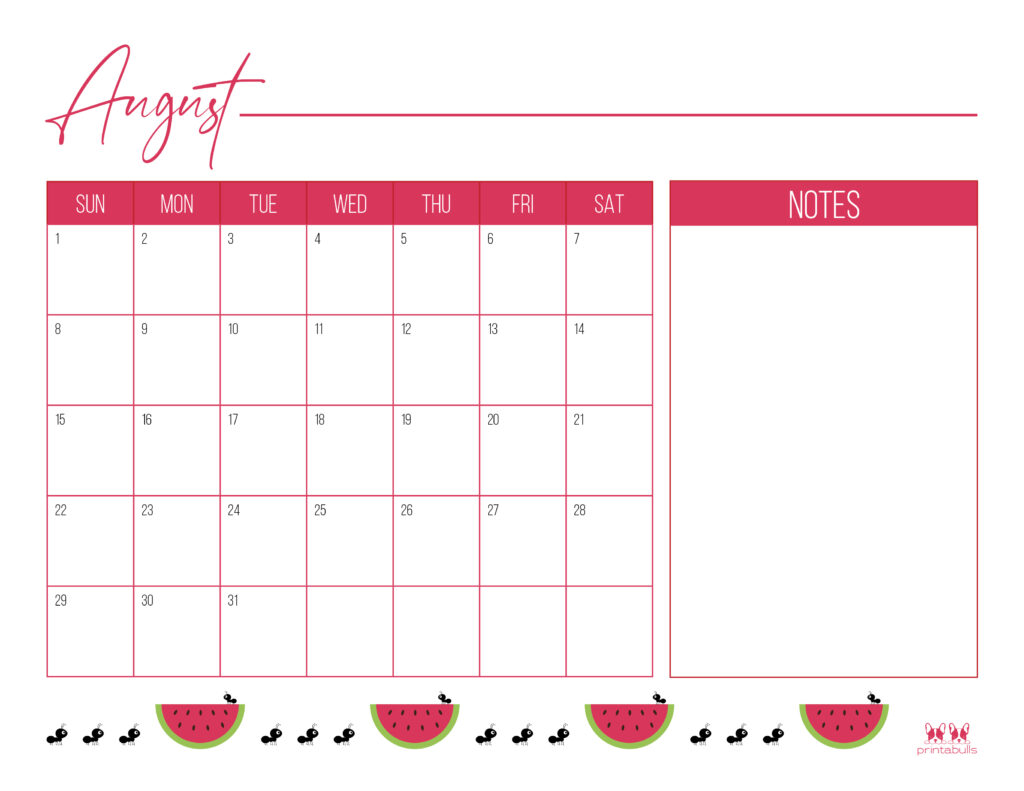 Printable August Calendar-Style 12