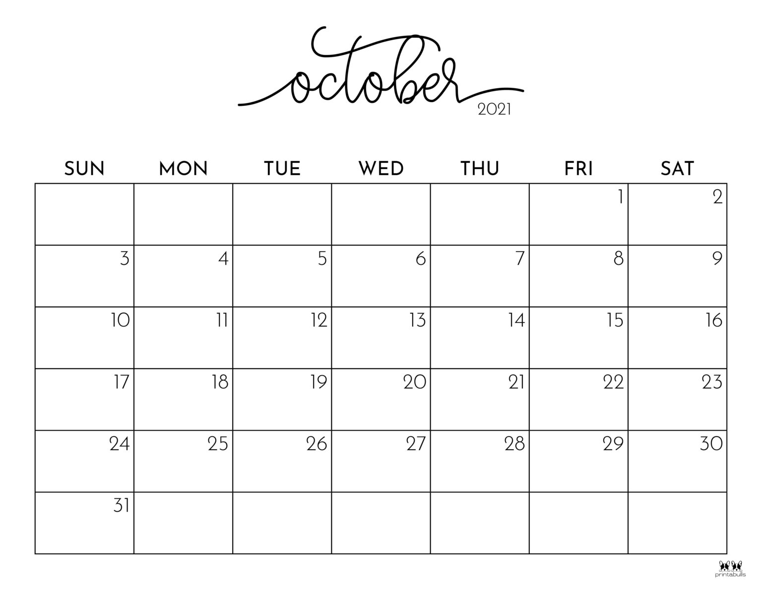 October 2021 Calendars - 15 FREE Printables | Printabulls