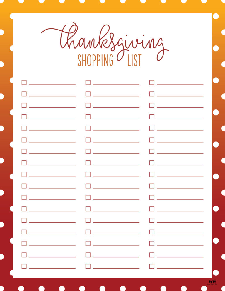 Thanksgiving Shopping Lists &amp; Checklists - 30 FREE Printables | Printabulls