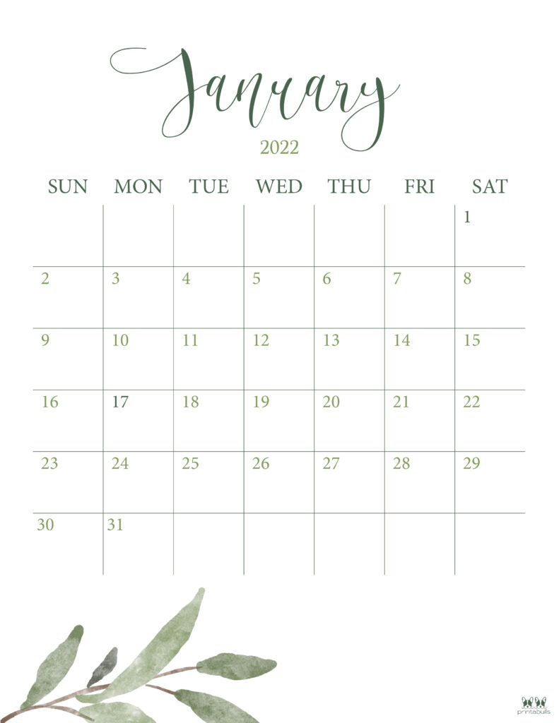 Printable January 2022 Calendar-Style 3