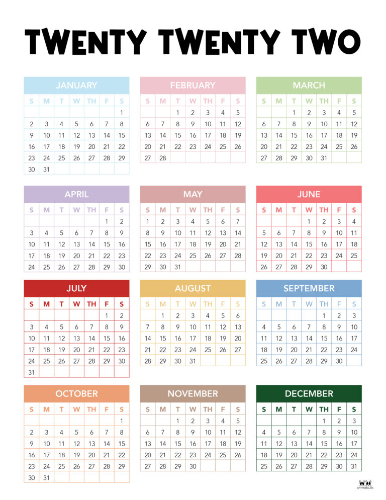 2022 Yearly Calendars - 25 FREE Printables | Printabulls