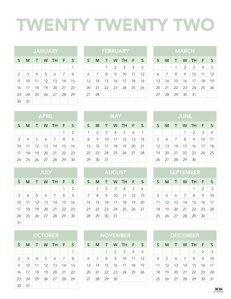 2022 Yearly Calendars - 25 FREE Printables | Printabulls