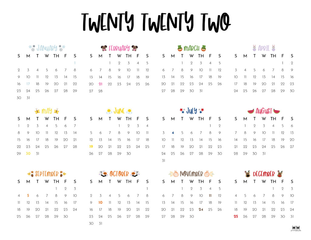 Printable 2022 Yearly Calendar