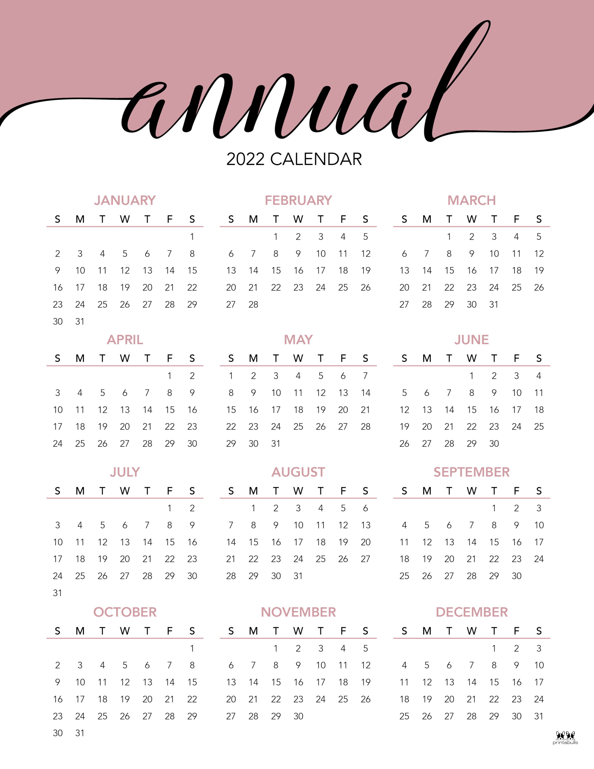 2022 Yearly Calendars - 25 FREE Printables | Printabulls
