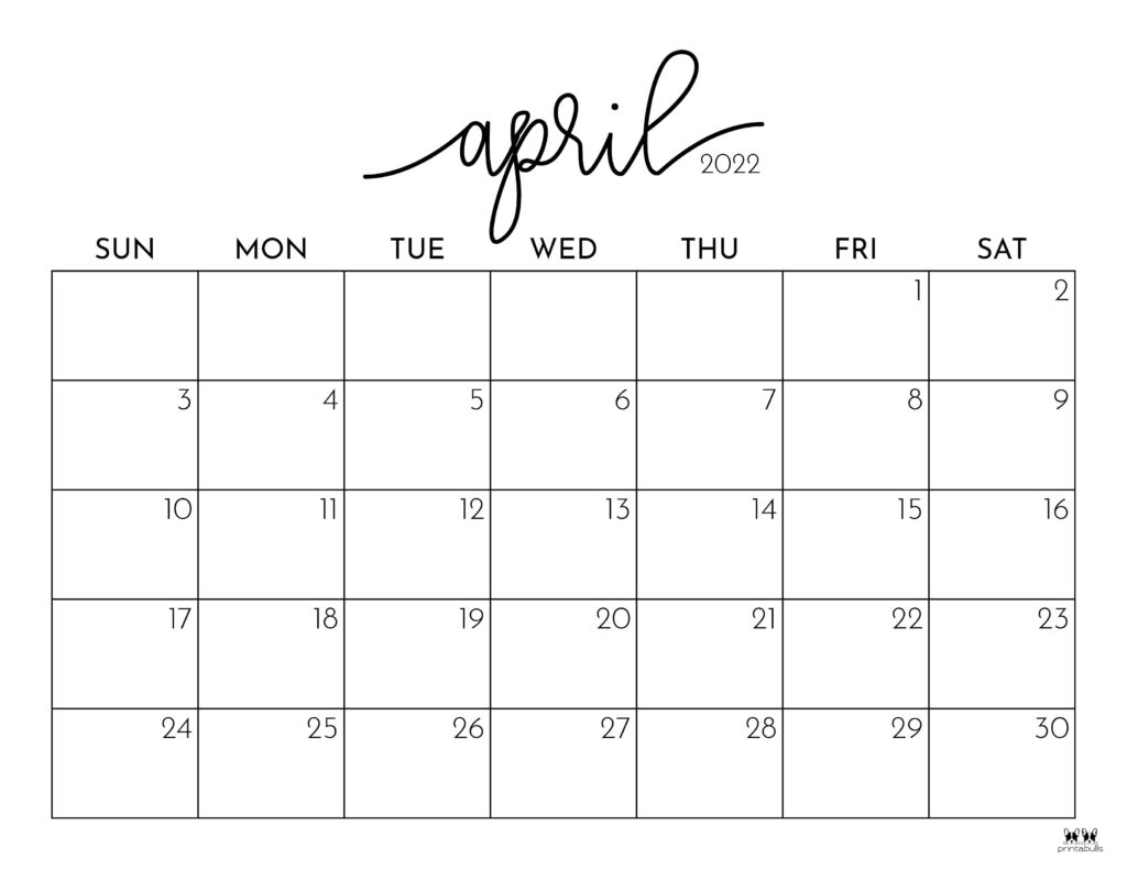 Printable April Calendar 2022 April 2022 Calendars - 25 Free Printables | Printabulls