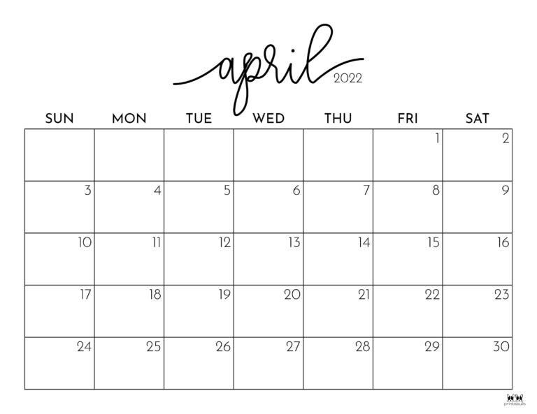 April 2022 calendars 25 free printables printabulls