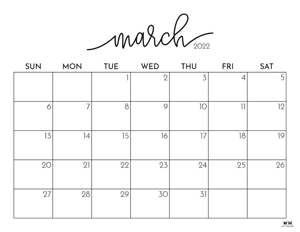 Mar 2022 Calendar Printable March 2022 Calendars - 15 Free Printables | Printabulls