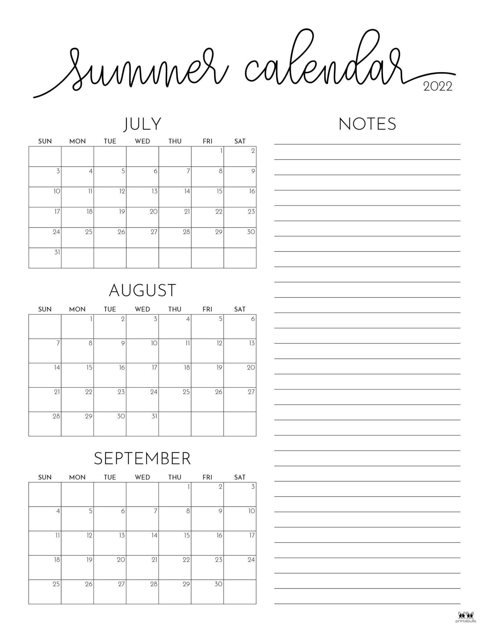 2022 Summer Calendars 15 FREE Printables Printabulls