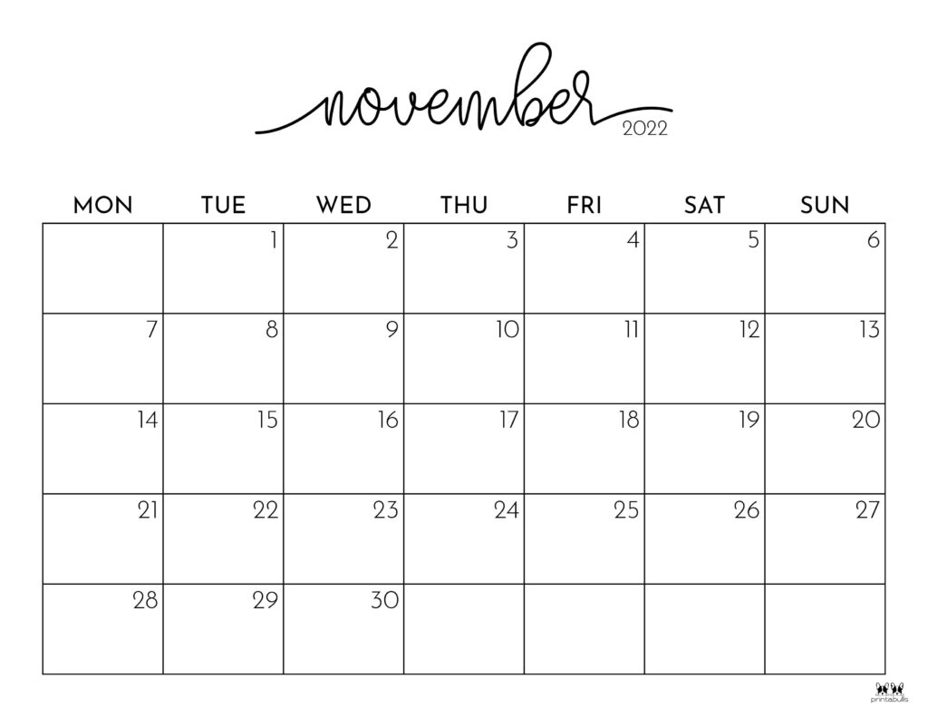 November 2022 Calendars - 50 FREE Printables | Printabulls