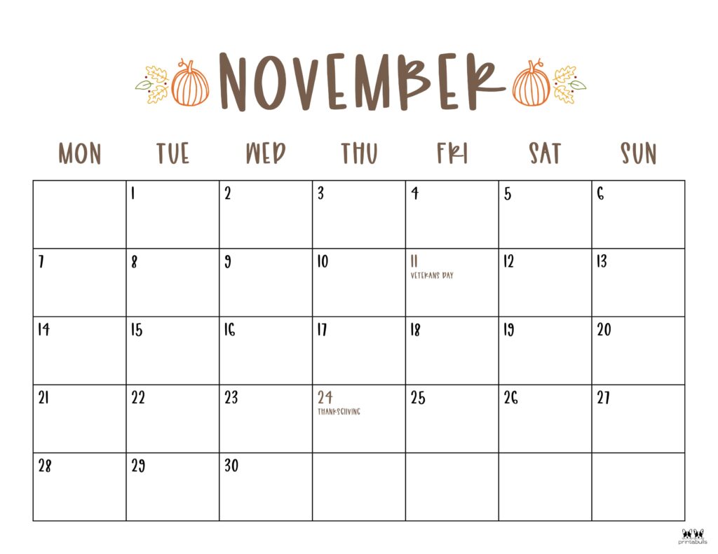 Printable November 2022 Calendar-Style 30