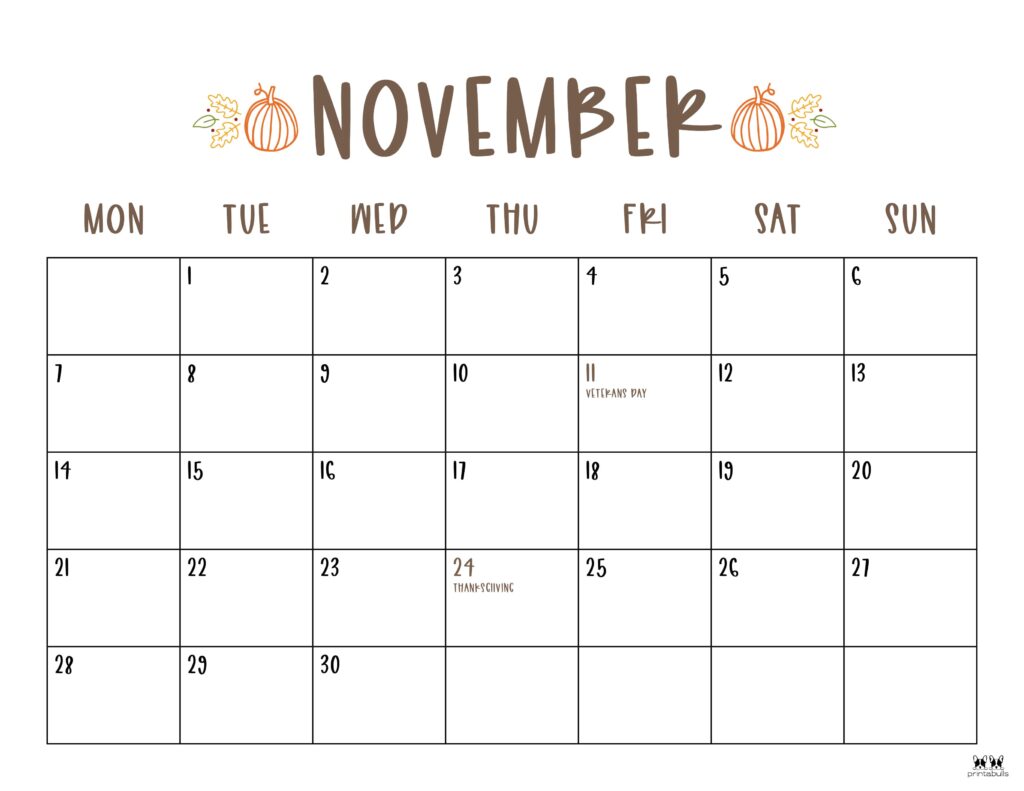 Printable November 2022 Calendar-Style 30