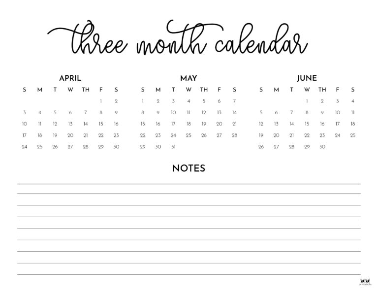 3 Month/Quarterly Calendars - 84 FREE Printables | Printabulls