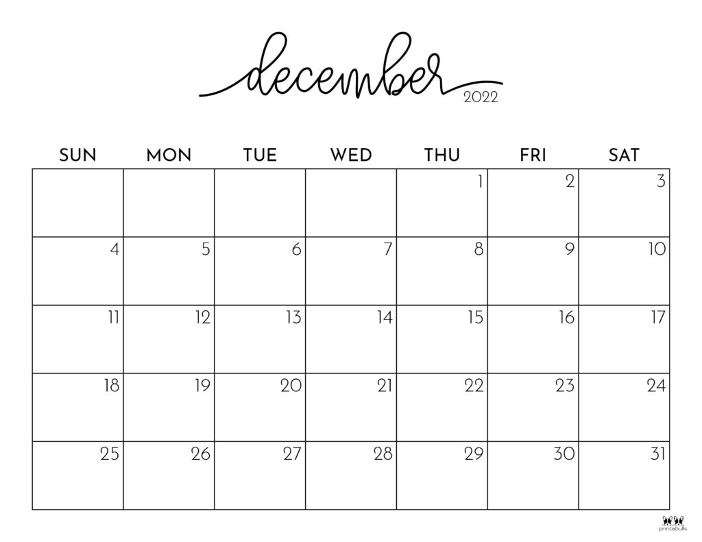 Printable December 2022 Calendar-Style 1