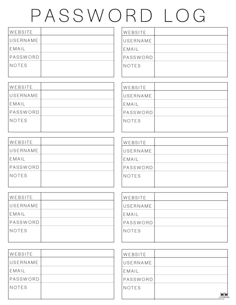 Password Logs & Trackers - 25 FREE Printables - PrintaBulk