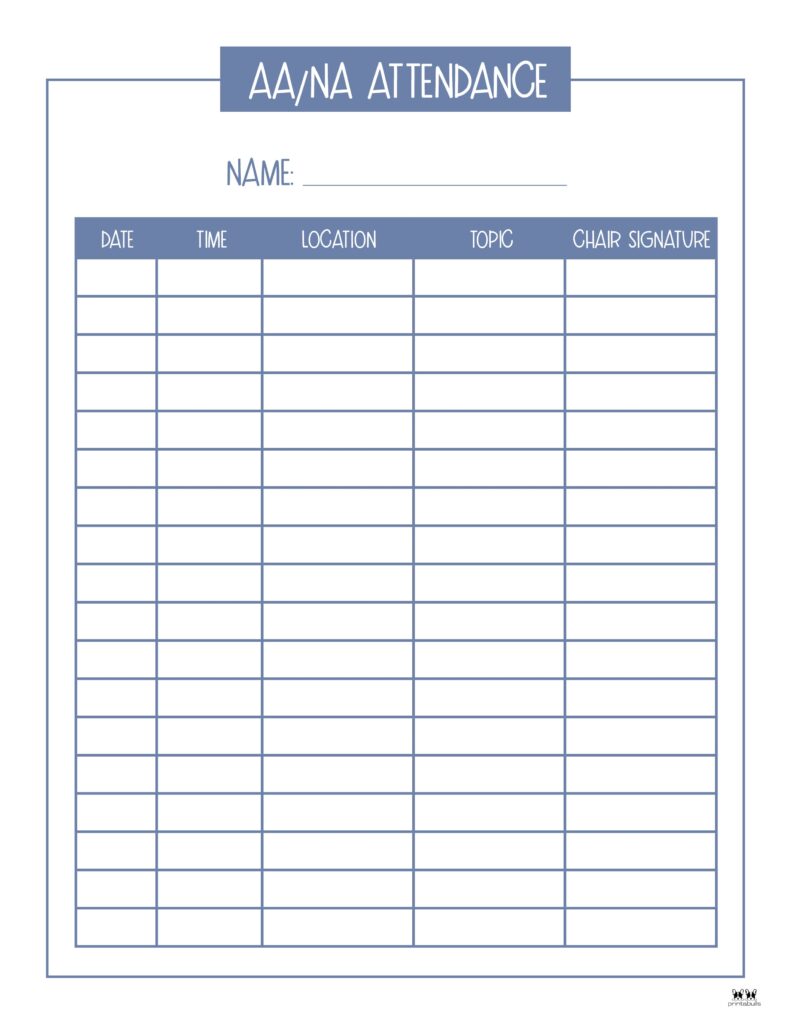 monthly attendance worksheet Printable AA_NA Attendance Sheet-1