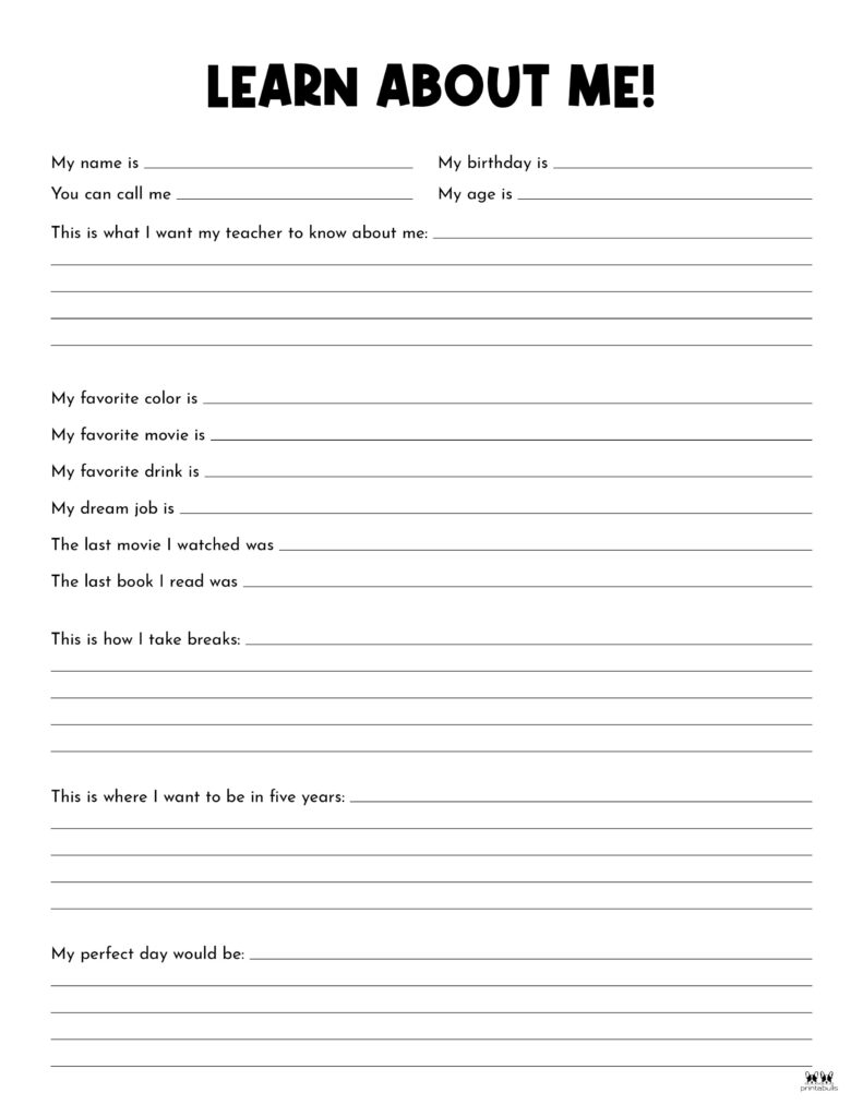 All About Me Worksheets Tell Me About Yourself Worksheet For Students