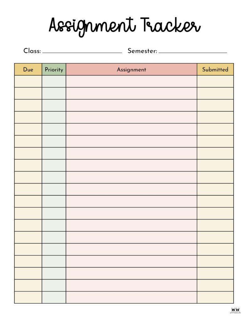 Assignment Trackers 12 FREE Printables Printabulls