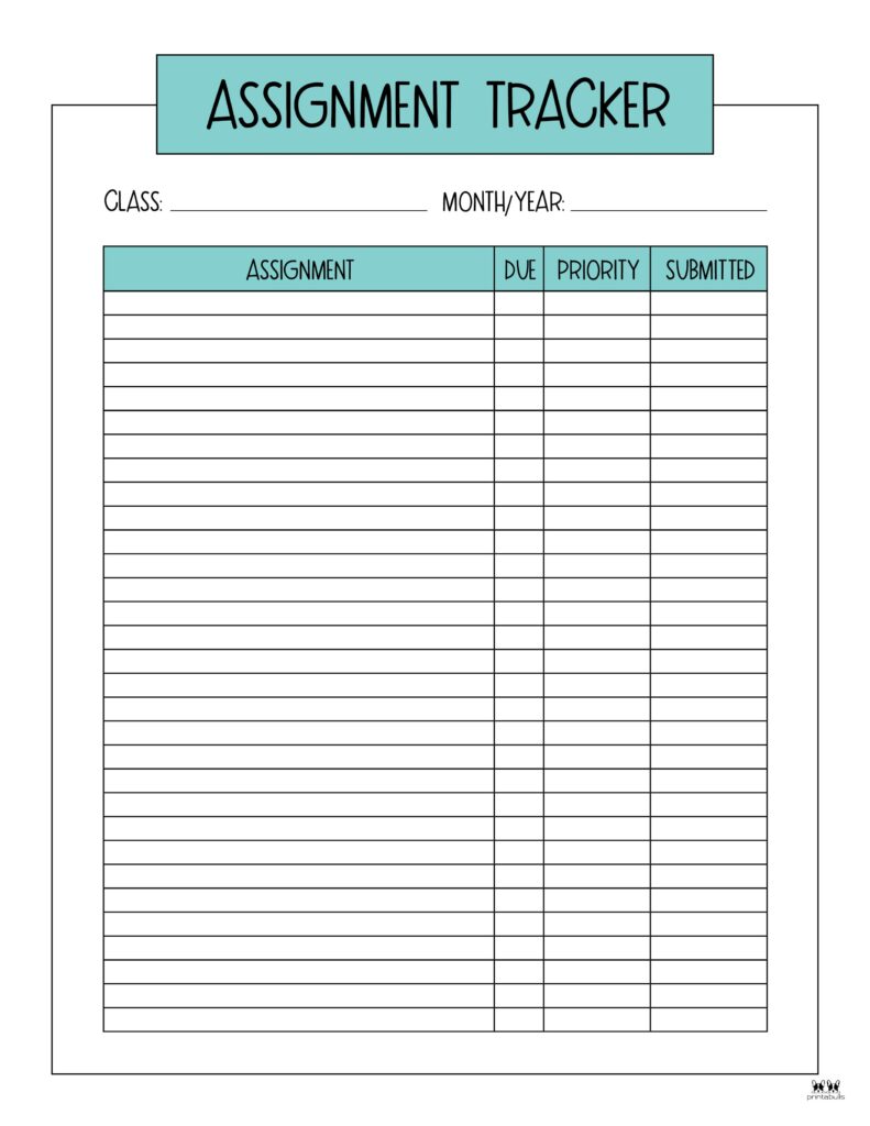 Assignment Trackers 12 FREE Printables Printabulls