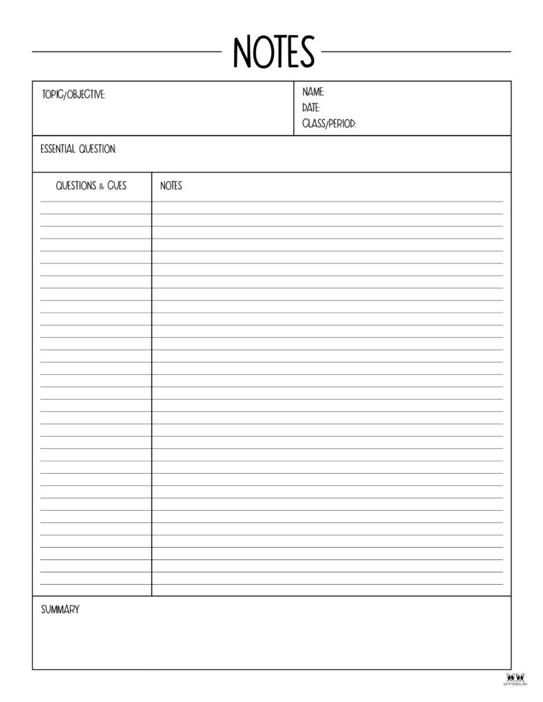 College Note Taking Template, Instant Download PDF