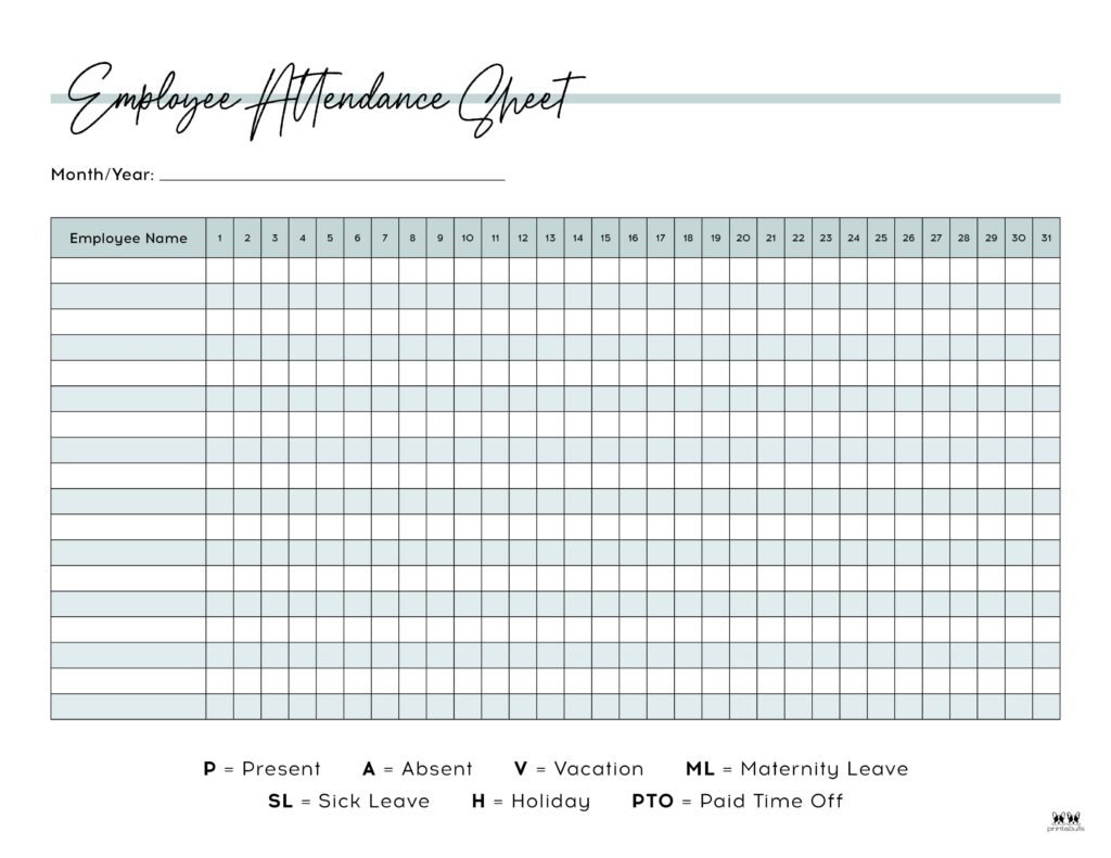 Attendance Sheets - 52 FREE Printables | Printabulls