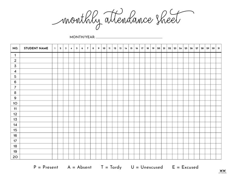 Attendance Sheets - 52 FREE Printables | Printabulls