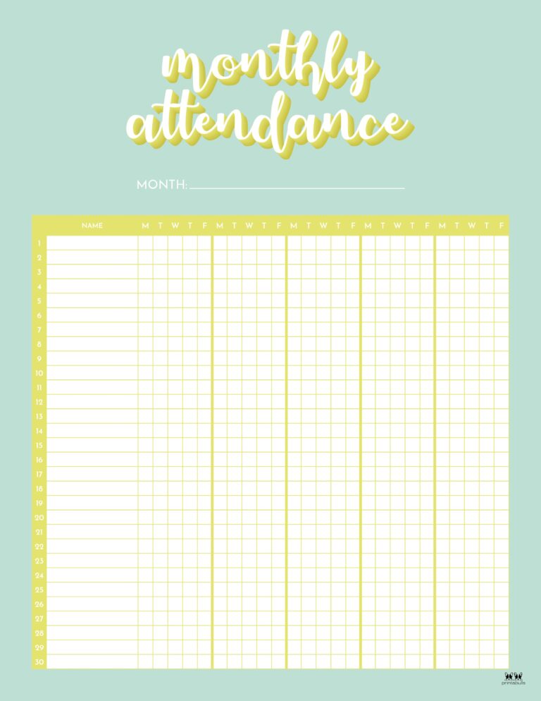Attendance Sheets - 52 FREE Printables | Printabulls