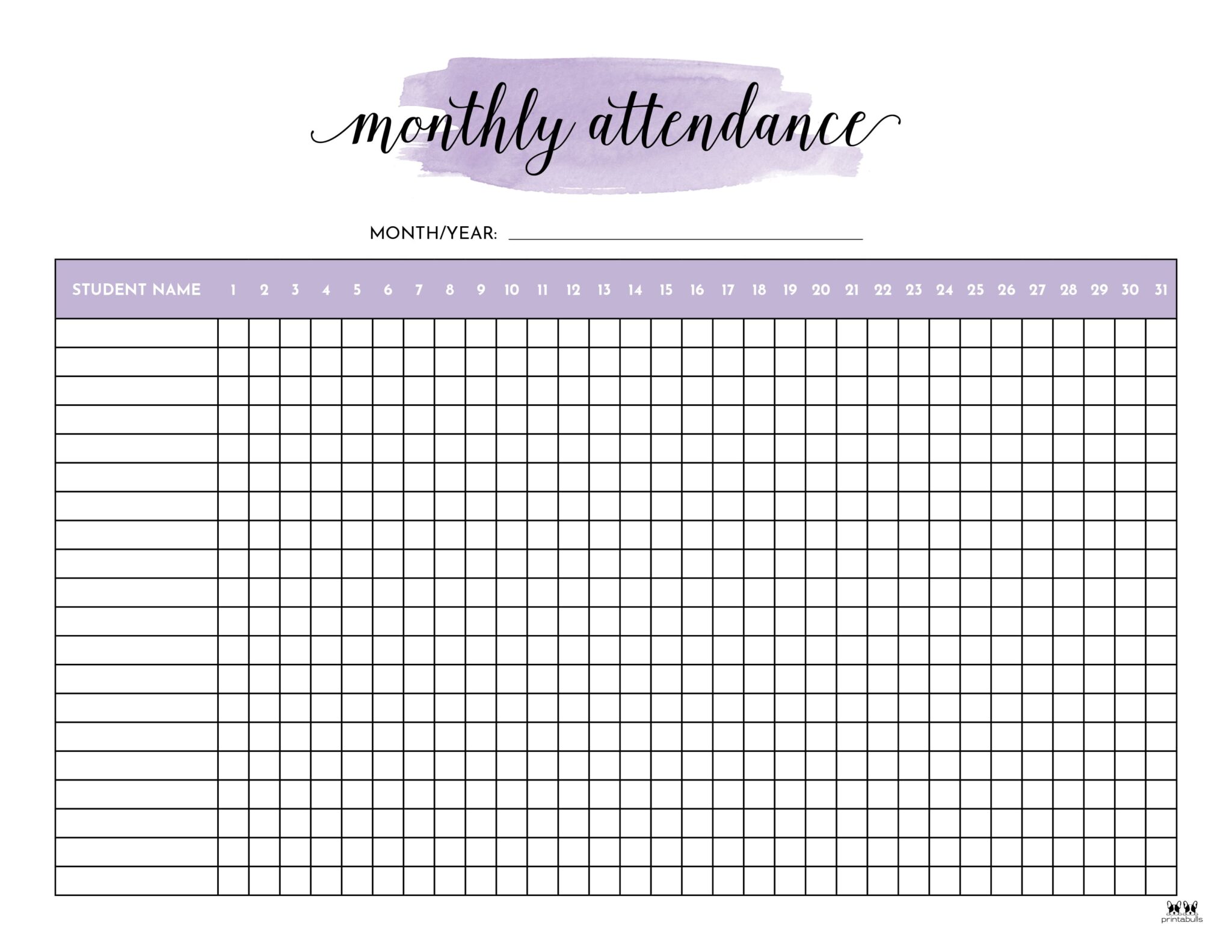 University month. Attendance Sheet. Table for attendance students.