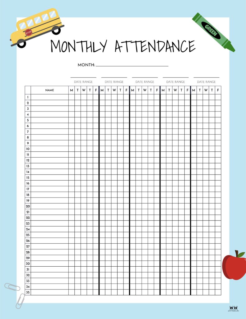 Printable Monthly School Attendance Sheet-7