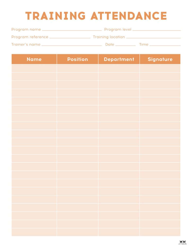 monthly attendance worksheet Printable Work Training Attendance Sheet-1