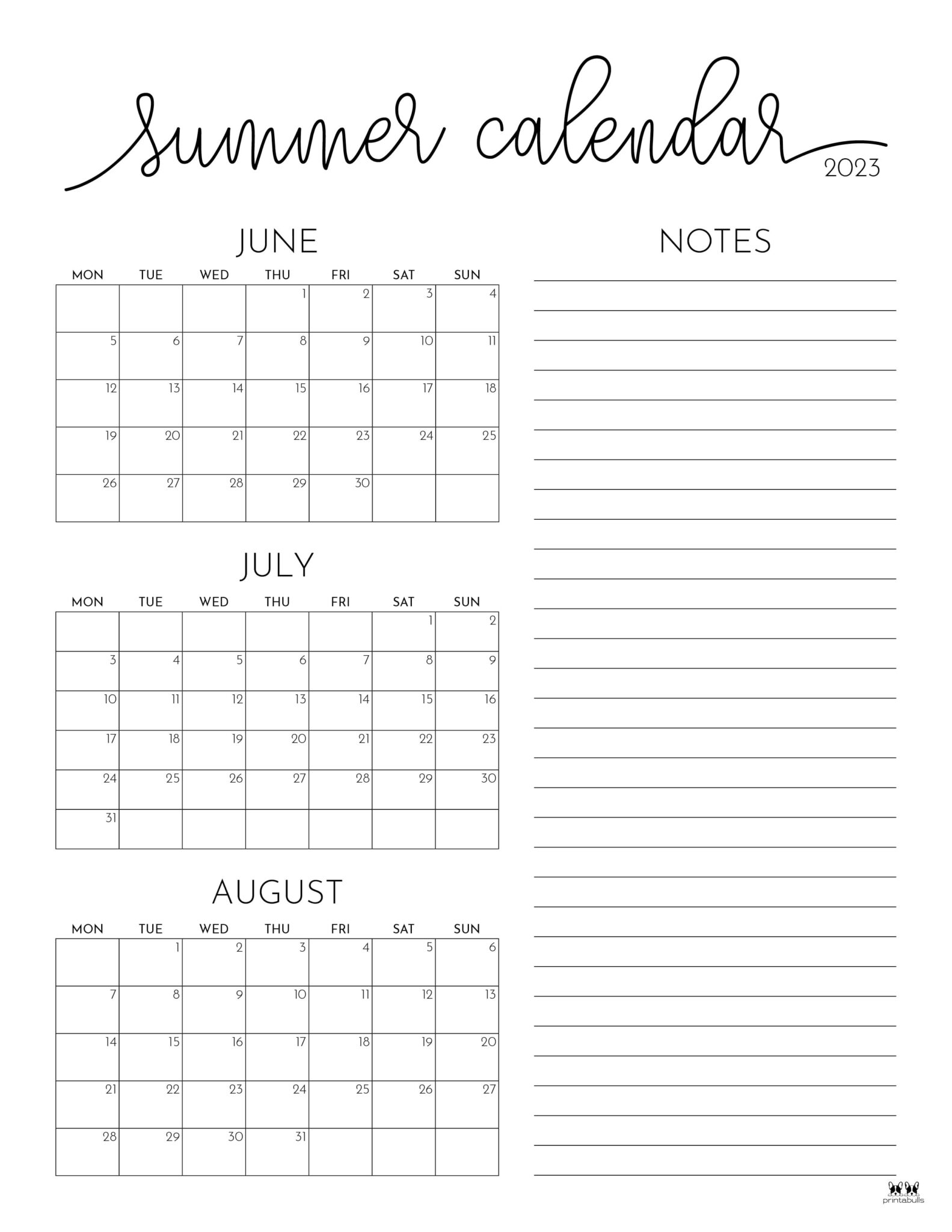 2023 Summer Calendars 18 FREE Printables Printabulls