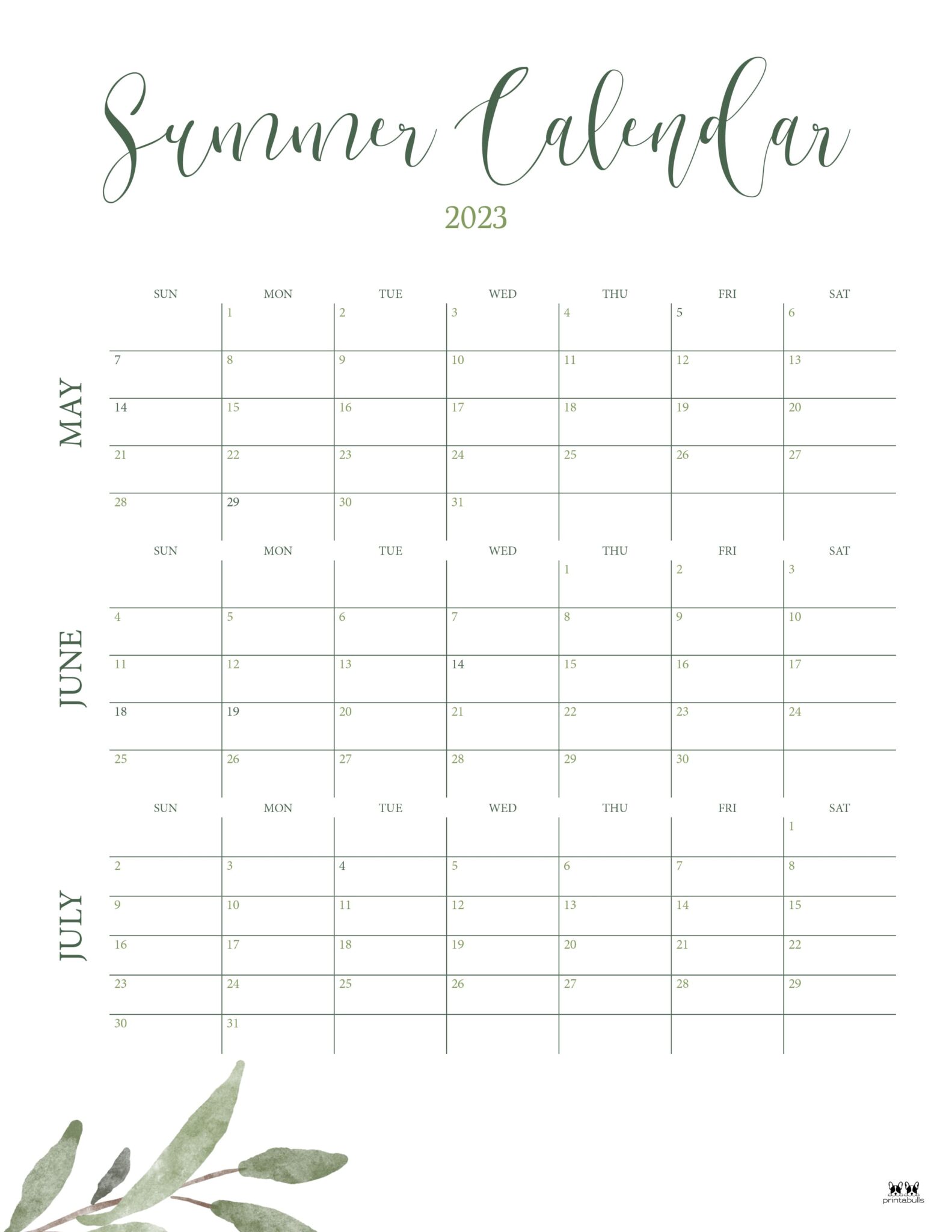 2023 Summer Calendar Printable Free