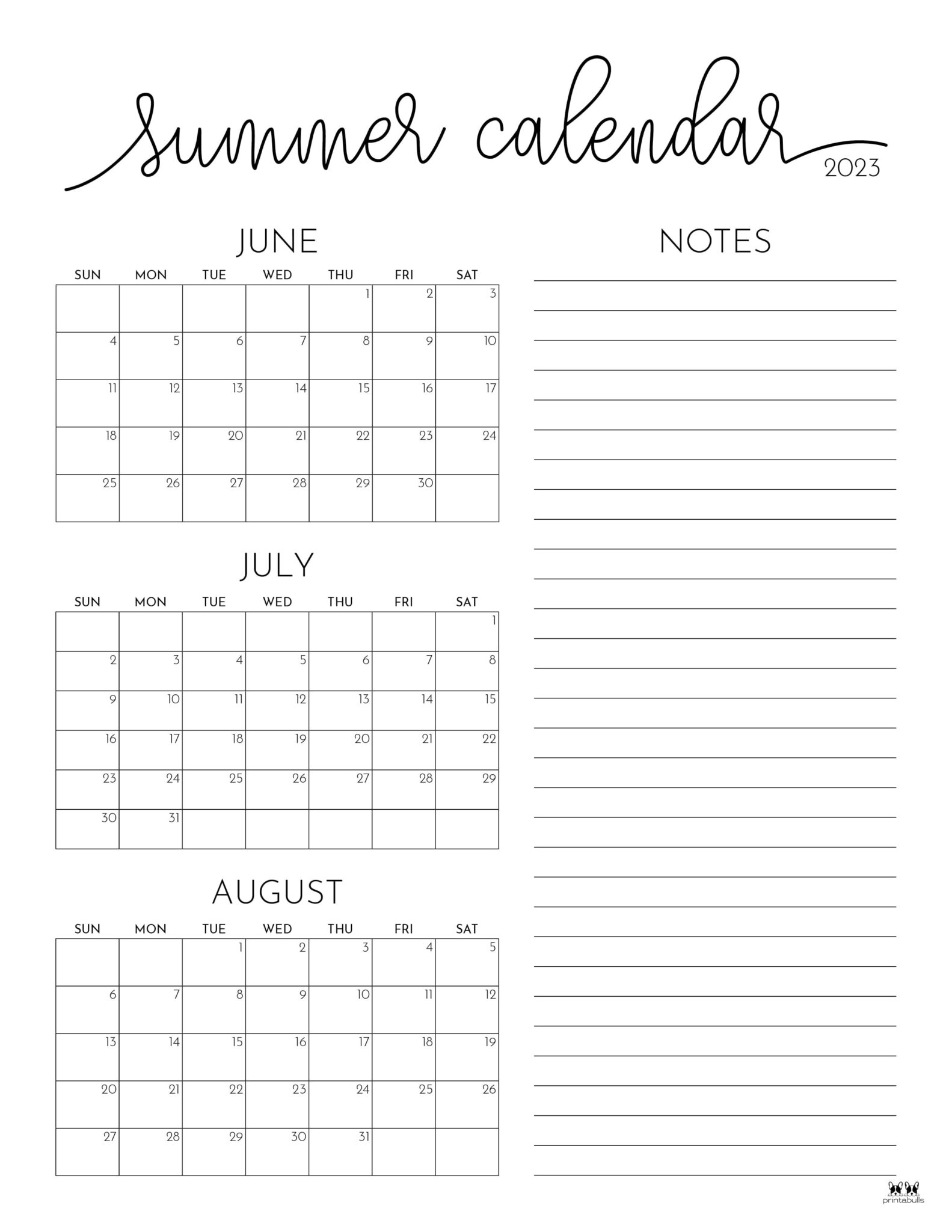 2023 Summer Calendars 18 FREE Printables Printabulls