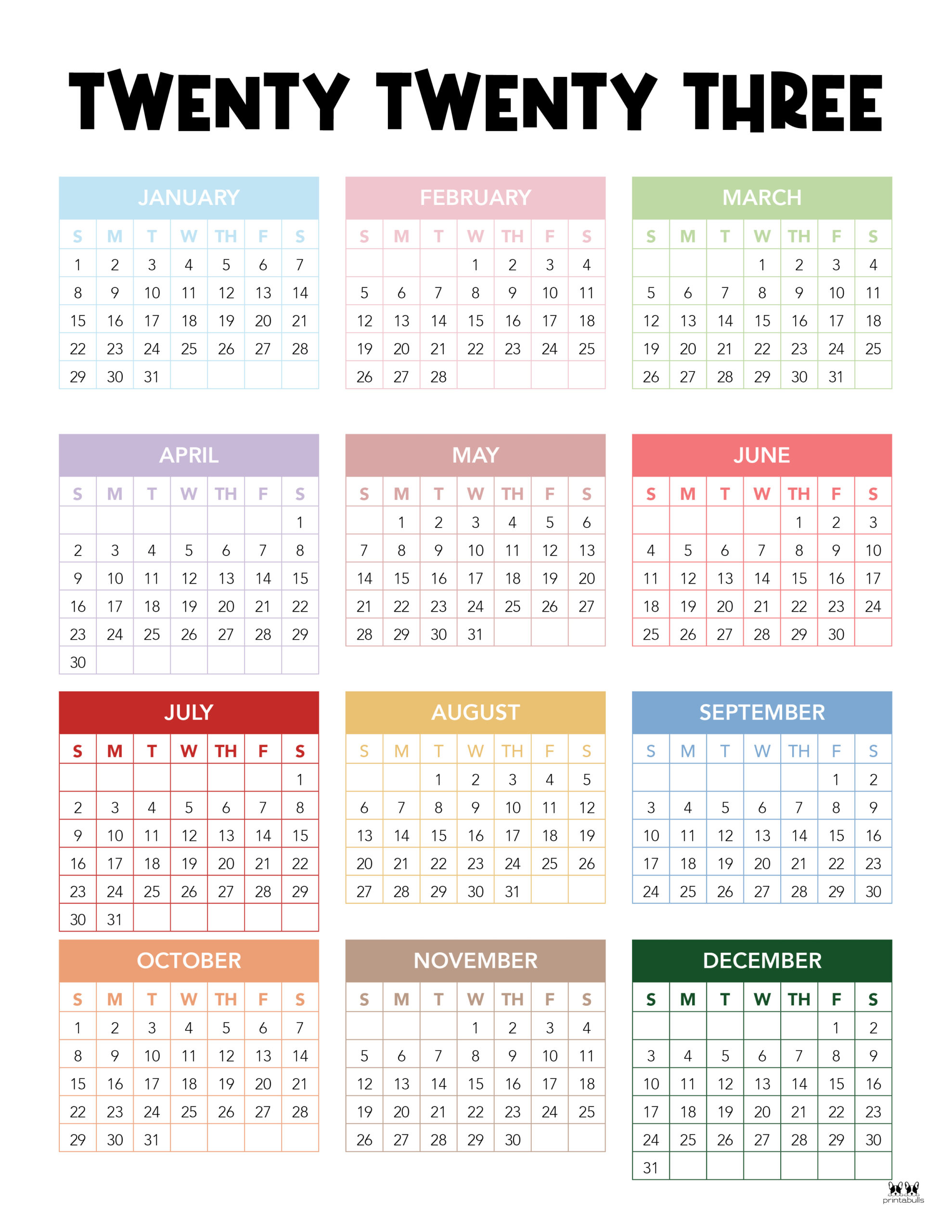 2023 Yearly Calendars 28 FREE Printables Printabulls