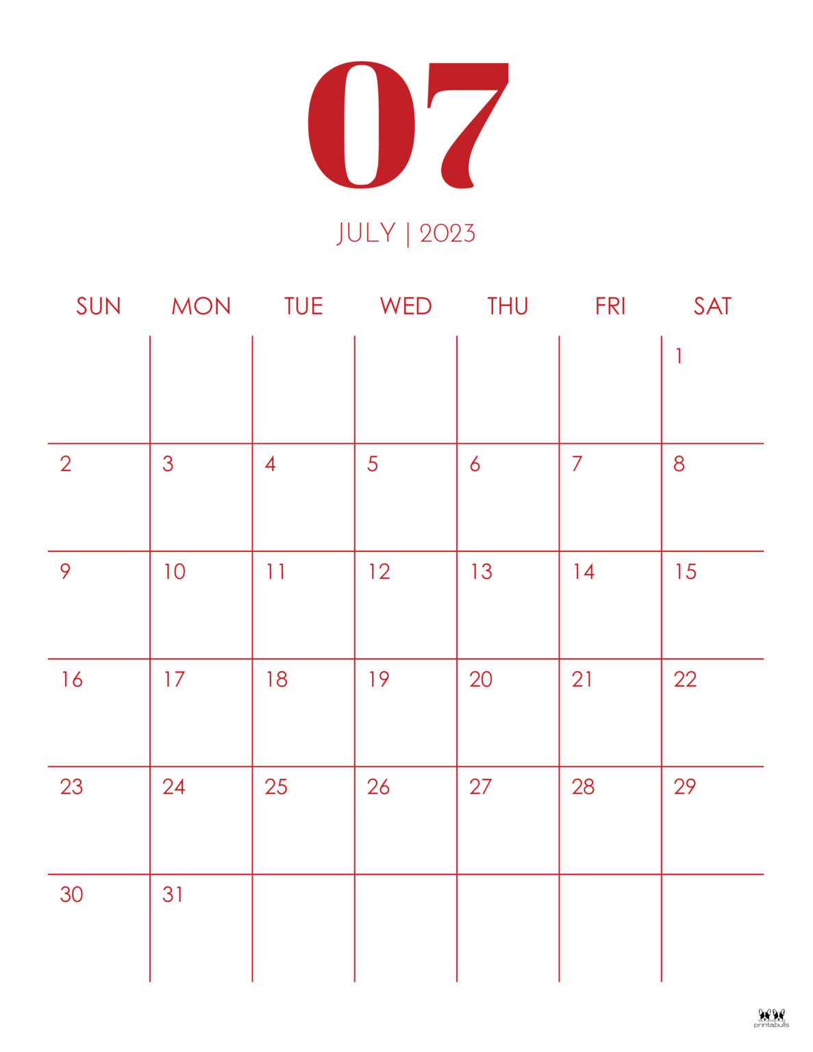 July 2023 Calendars - 50 FREE Printables | Printabulls
