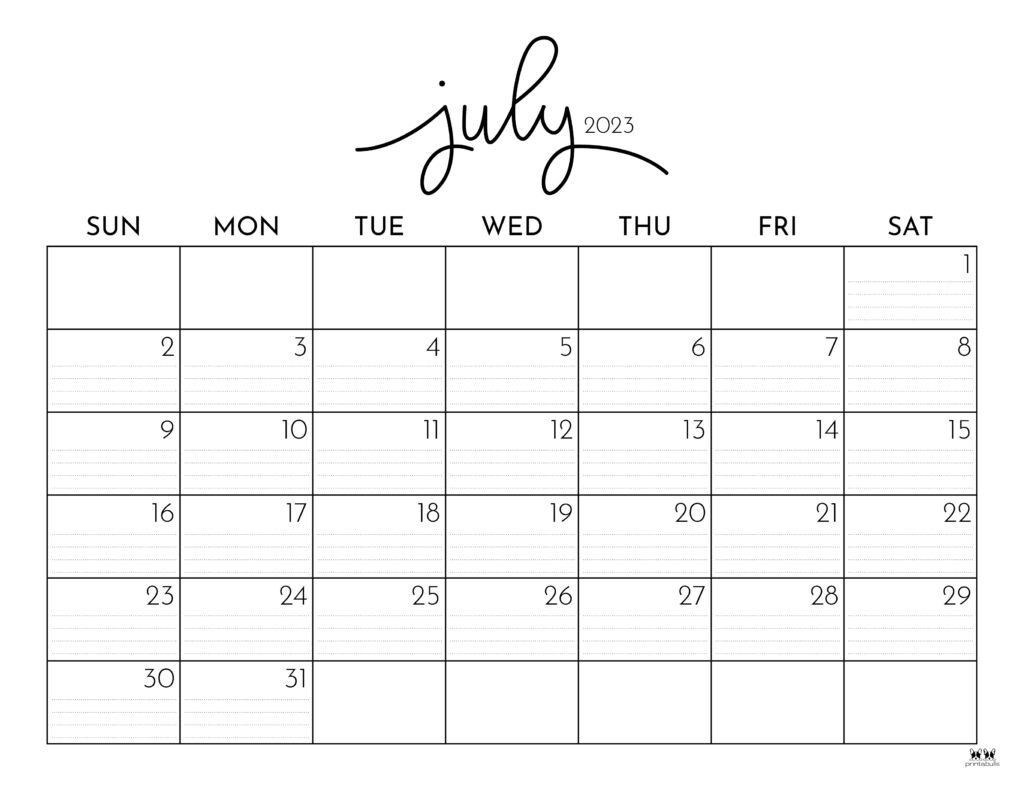 Free Printable Calendar July 2023 With Lines