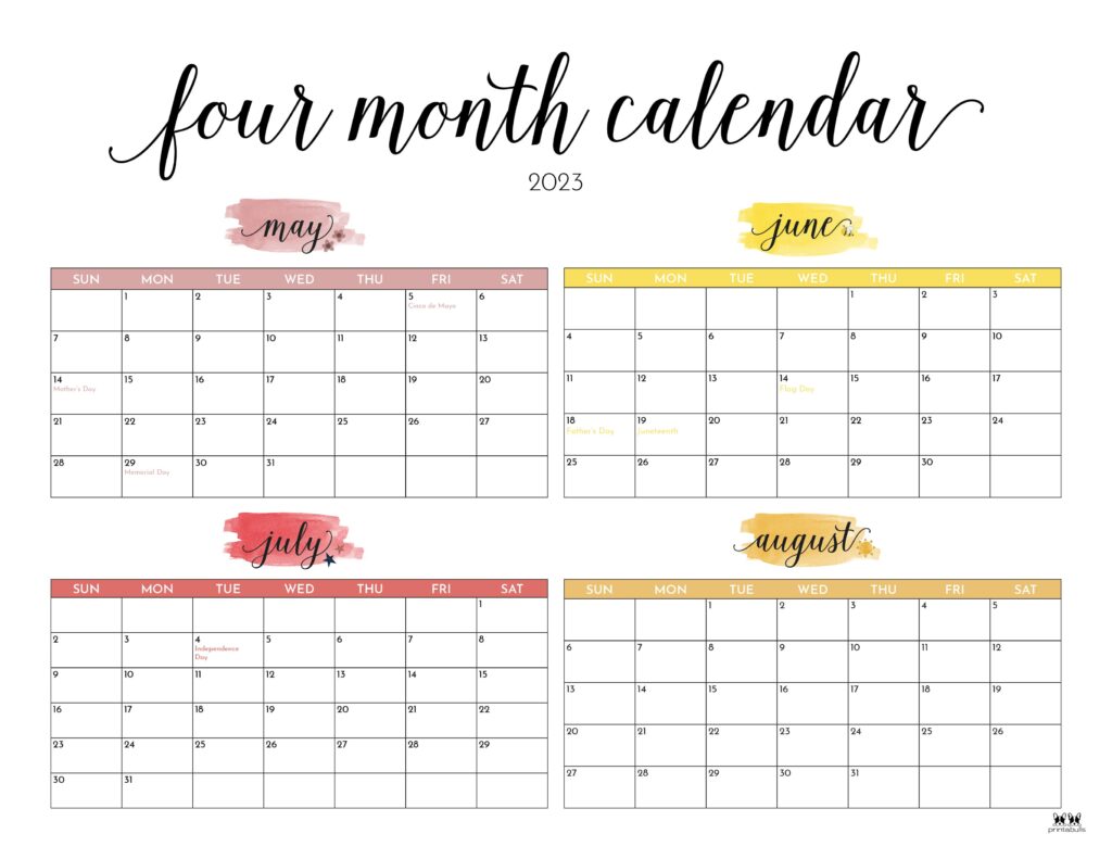 2023 Four Month Calendars 18 FREE Printables Printabulls