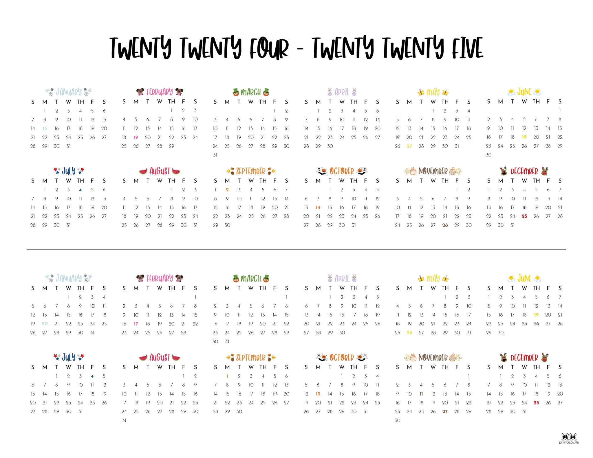 20242025 Two Year Calendars 10 FREE Printables Printabulls