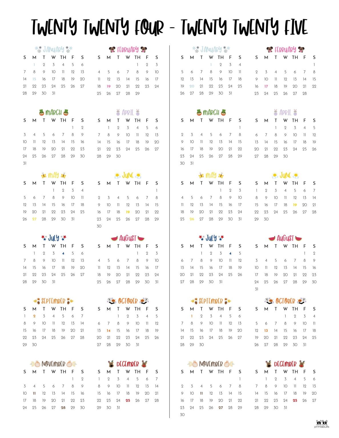 20242025 Two Year Calendars 10 FREE Printables Printabulls